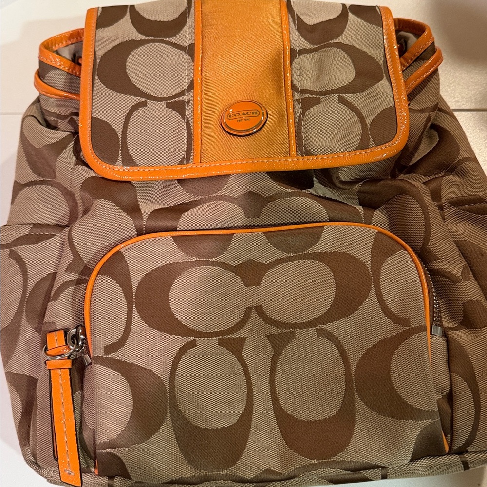 Coach signature fabric backpack w/orange patent leather trim Great condition! - Picture 9 of 9